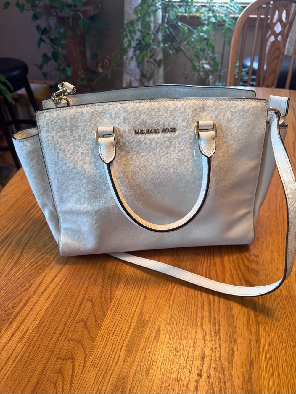 Michael Kors White Saffiano Leather Satchel with Gold Hardware